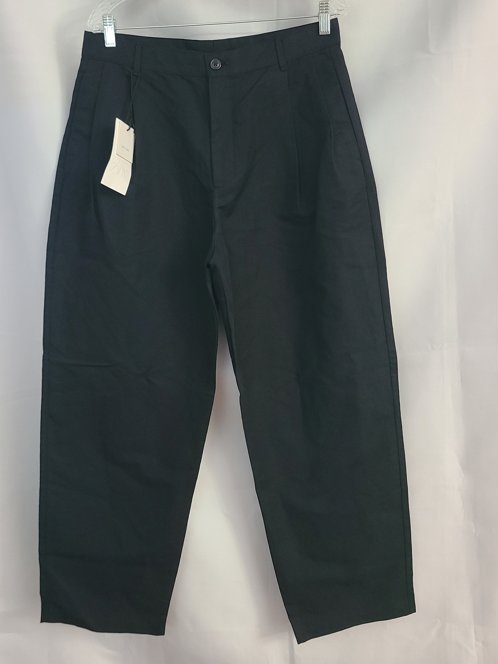 NWT Zara Mens Sz 40 Black Linen Cotton Blend Pleated Lightweight Trouser Pant